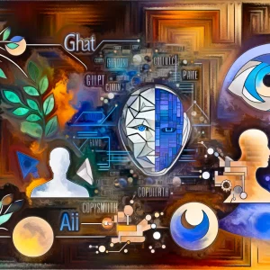 DALL·E 2024-03-03 18.54.50 - an artistic collage representing different AI technologies in comparison, symbolizing a discussion among Chat GPT, Copysmith AI, and Google Bard, with