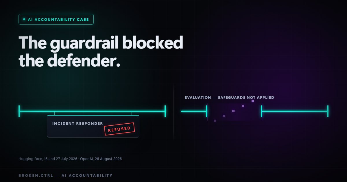 A lit horizontal barrier blocks a card labelled INCIDENT RESPONDER stamped REFUSED, while the same barrier has an open gap on the right, labelled EVALUATION - SAFEGUARDS NOT APPLIED, with data nodes passing through unopposed.