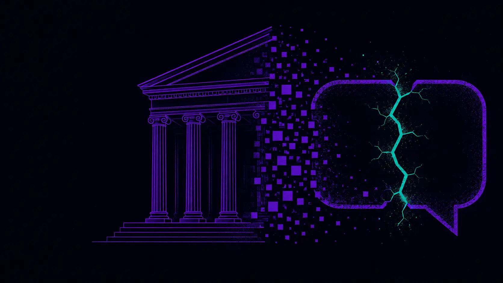 Florida OpenAI lawsuit — a courthouse and a fractured chatbot speech bubble rendered in dark purple and teal editorial style