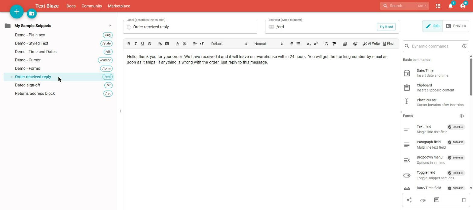Text Blaze snippet editor with the paid form fields marked BUSINESS