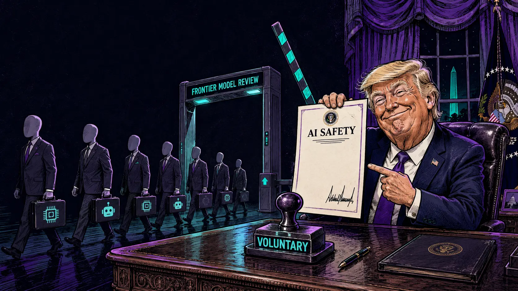 Caricature of Trump signing an AI safety order beside an open 'frontier model review' gate, illustrating voluntary AI regulation
